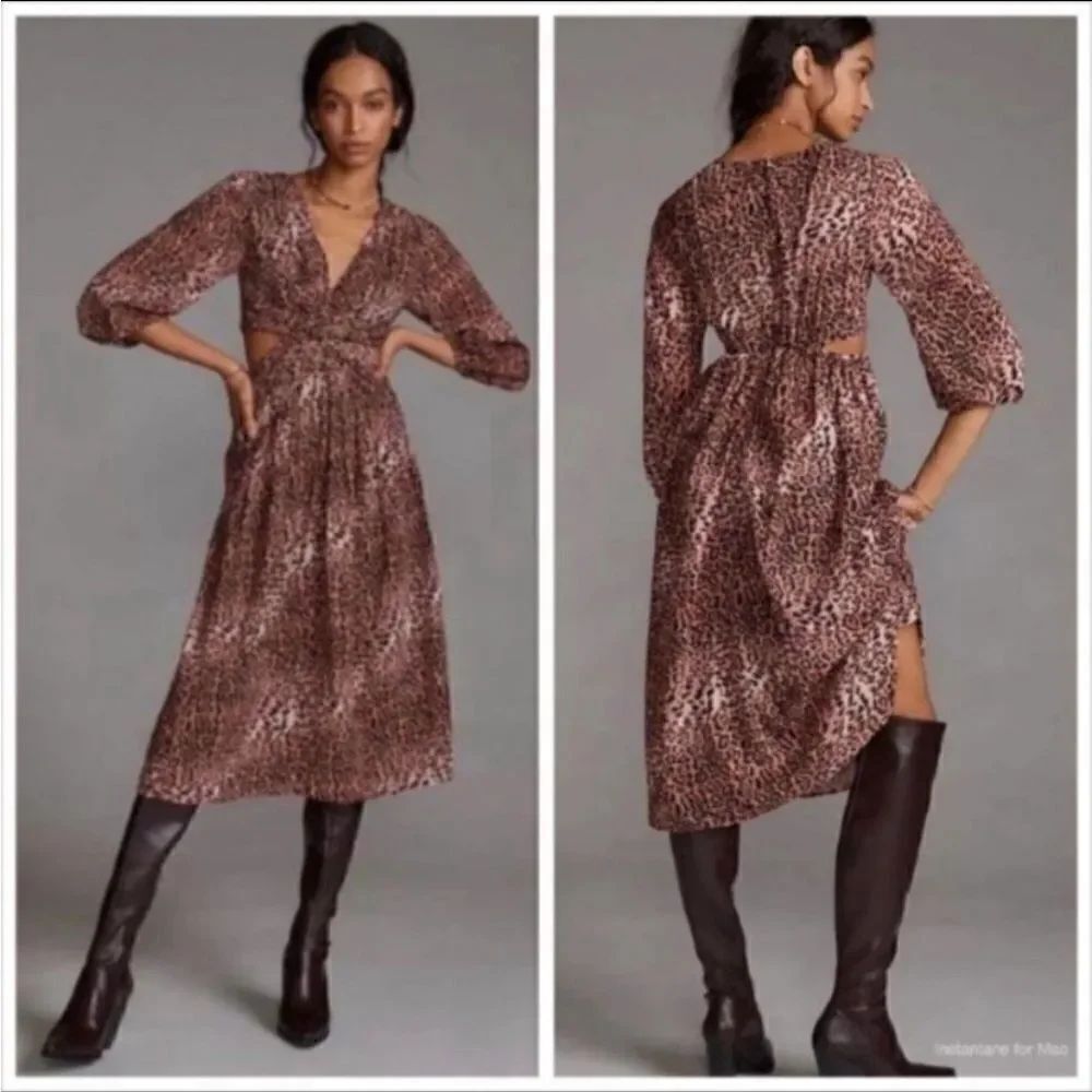 NWT ANTHROPOLOGIE x RANNA GILL Leopard Print Cutout Midi Dress S